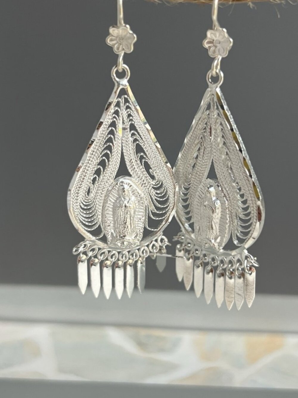 Handcrafted 925 Sterling Silver Oaxaca Filigree Virgin of Guadalupe Earrings